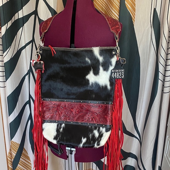 Holy Cow Couture Red and Black Fringe Shoulder/backpack Bag - Picture 11 of 11